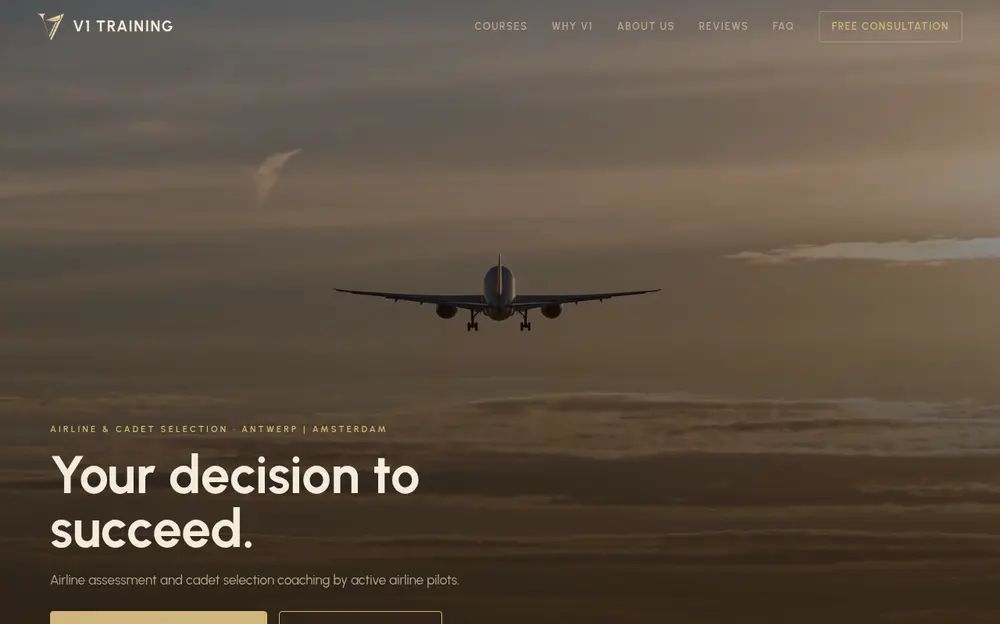De homepage van V1 Training, selectietraining voor piloten.